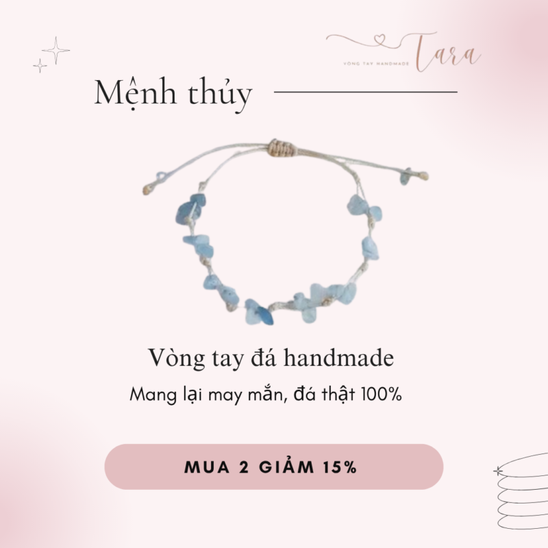 Vòng tay đá thạch anh handmade TARA, mệnh thủy,100% đan thủ công