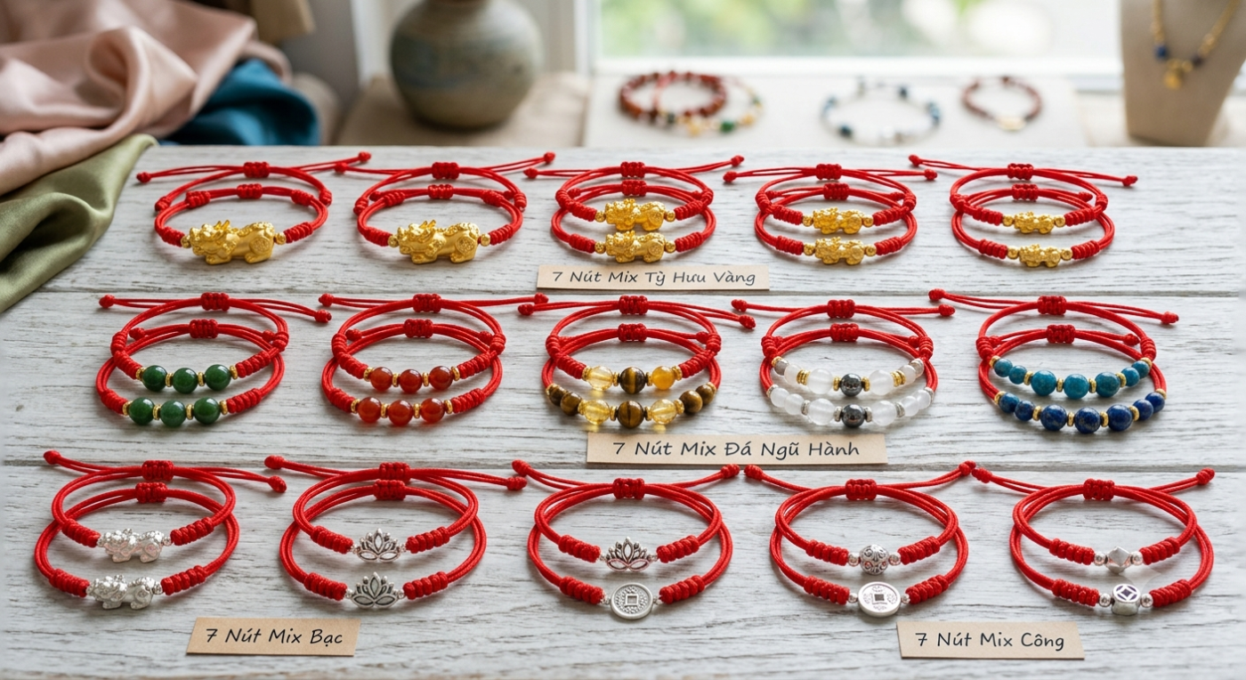 Các mẫu vòng tay chỉ đỏ 7 nút mix charm phong thủy.